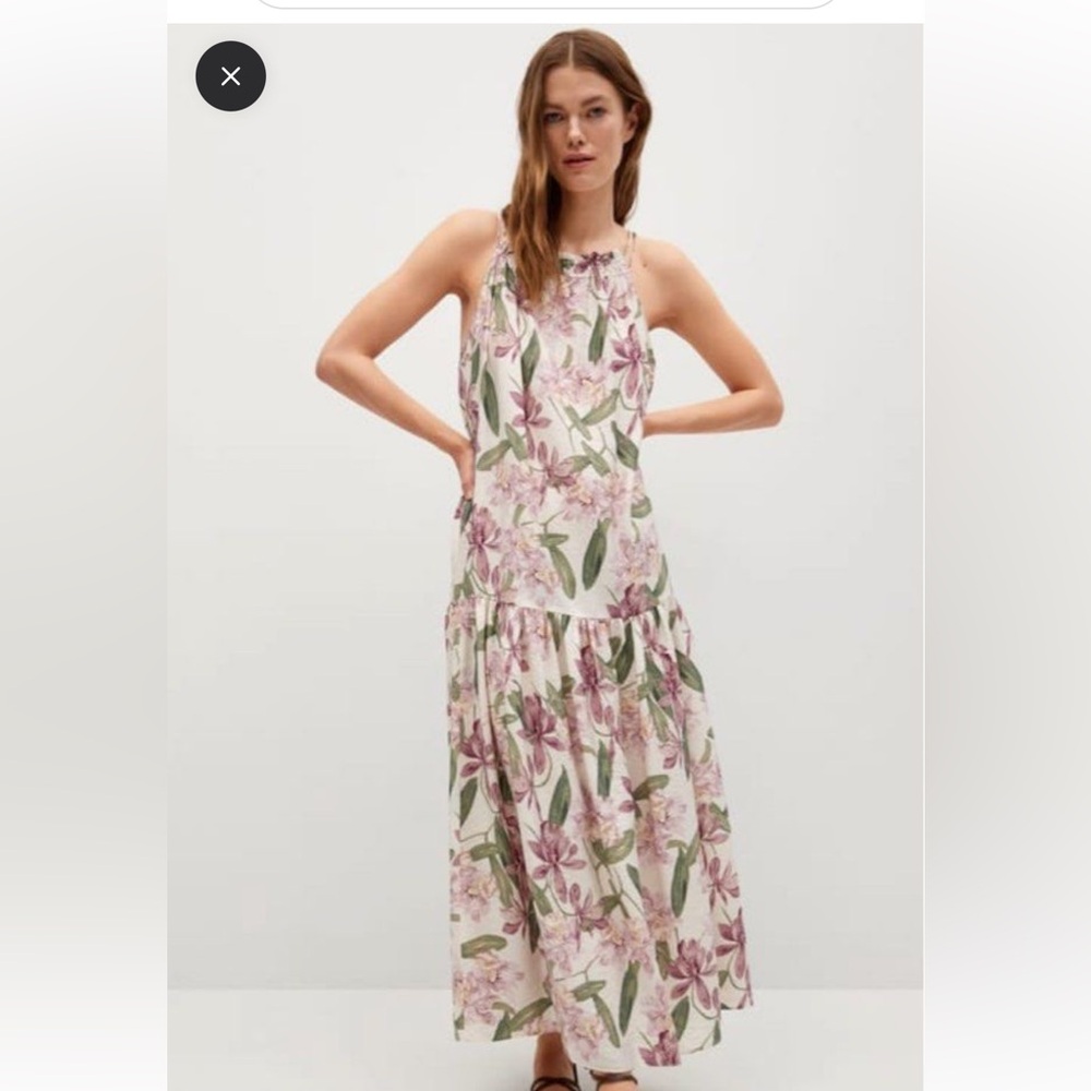 Mango Floral Halter Maxi Dress in White, Pink & Green